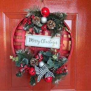 Christmas 🎄 Holiday Red Tobacco Basket Front Door Decorated Wreath with Hanger